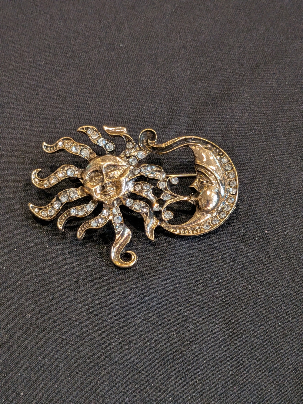 Vintage 1980s  Sun and Moon Rhinestone Brooch - Gold Tone